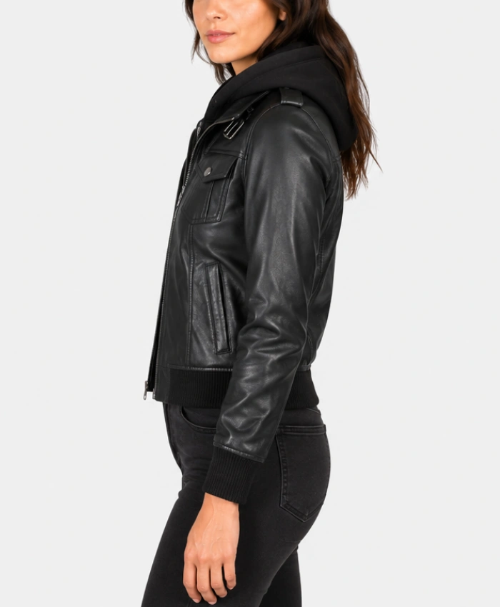 Roslyn Hooded Leather Bomber Jacket in Black