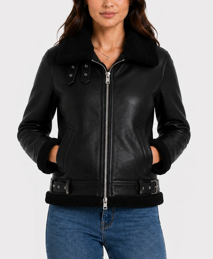 Black Leather Aviator Jacket for Ladies