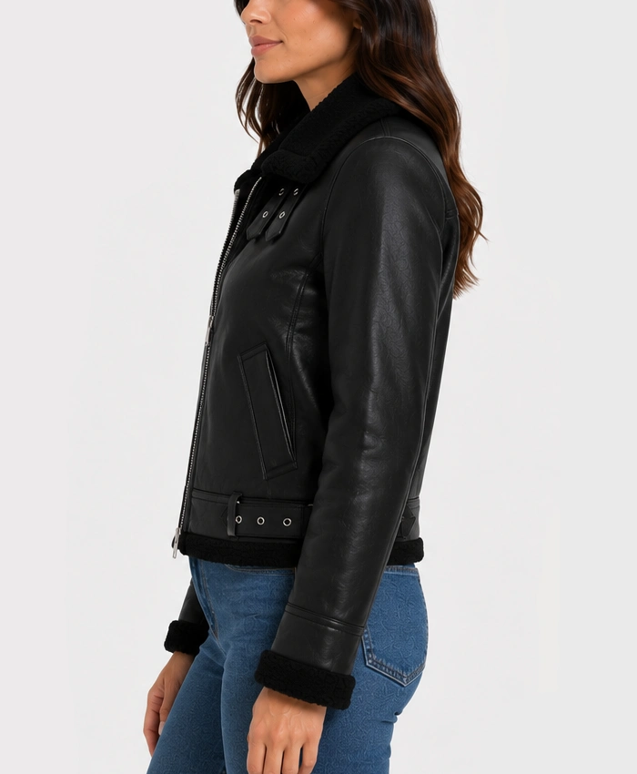 Buy Ladies Black Leather Aviator Jacket