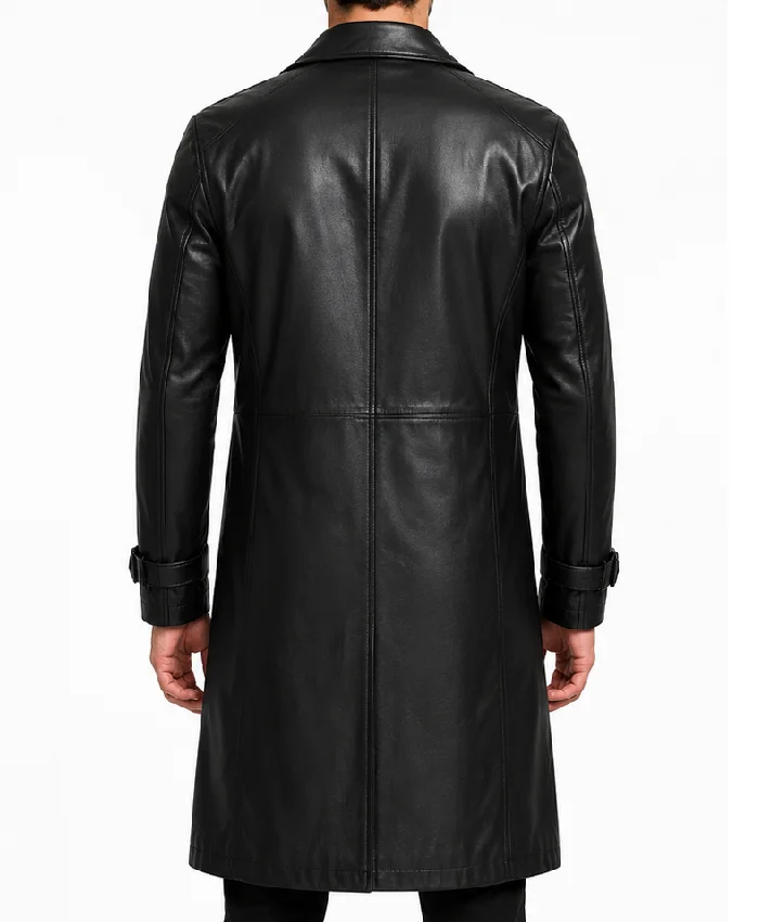 Men Black Leather Long Trench Coat