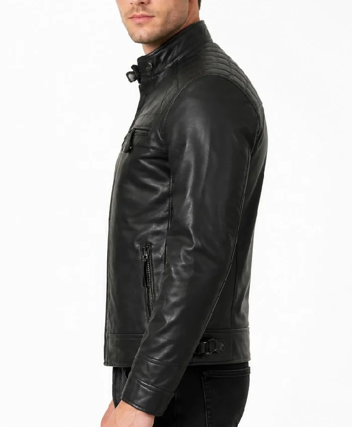 Men Cafe Racer Quilted Black Leather Jacket