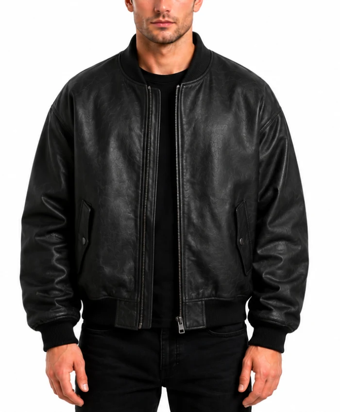 Mens Black Baggy Style Bomber Leather Jacket
