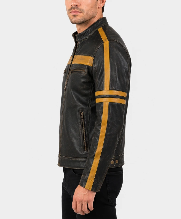 Cafe Racer Mens Black Yellow Stripes Distressed Leather Jacket