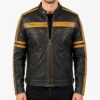 Black Cafe Racer Yellow Stripes Distressed Leather Jacket for Mens