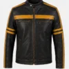Mens Black Cafe Racer Yellow Stripes Distressed Leather Jacket