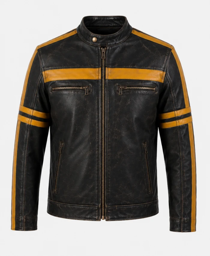 Mens Black Cafe Racer Yellow Stripes Distressed Leather Jacket