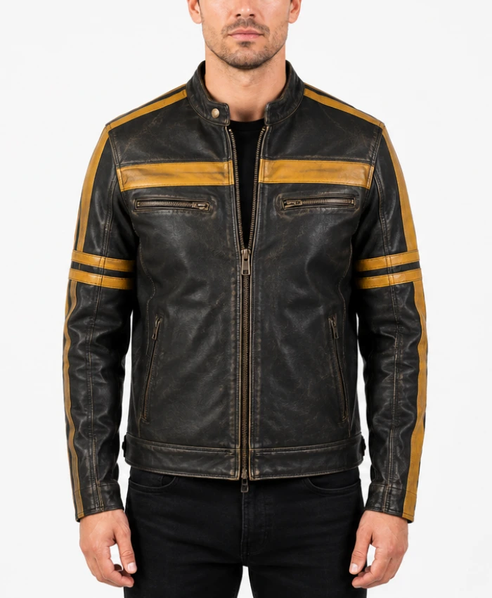 Black Cafe Racer Yellow Stripes Distressed Leather Jacket for Mens