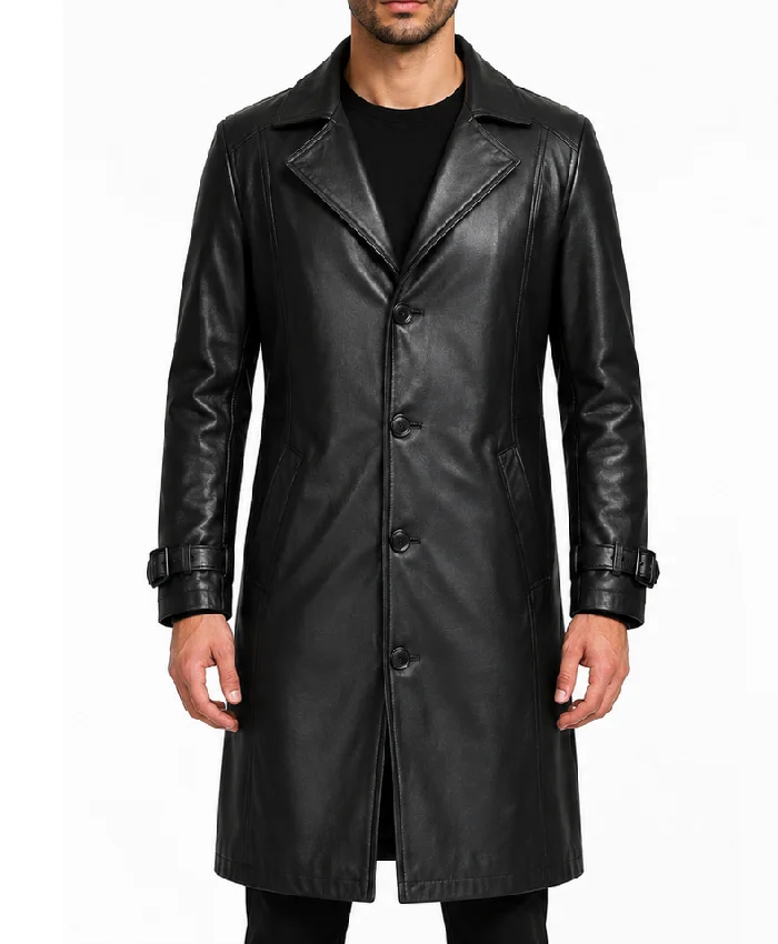 Mens Black Leather Long Trench Coat
