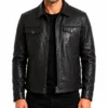 Mens Black Shirt Collar Trucker Leather Jacket