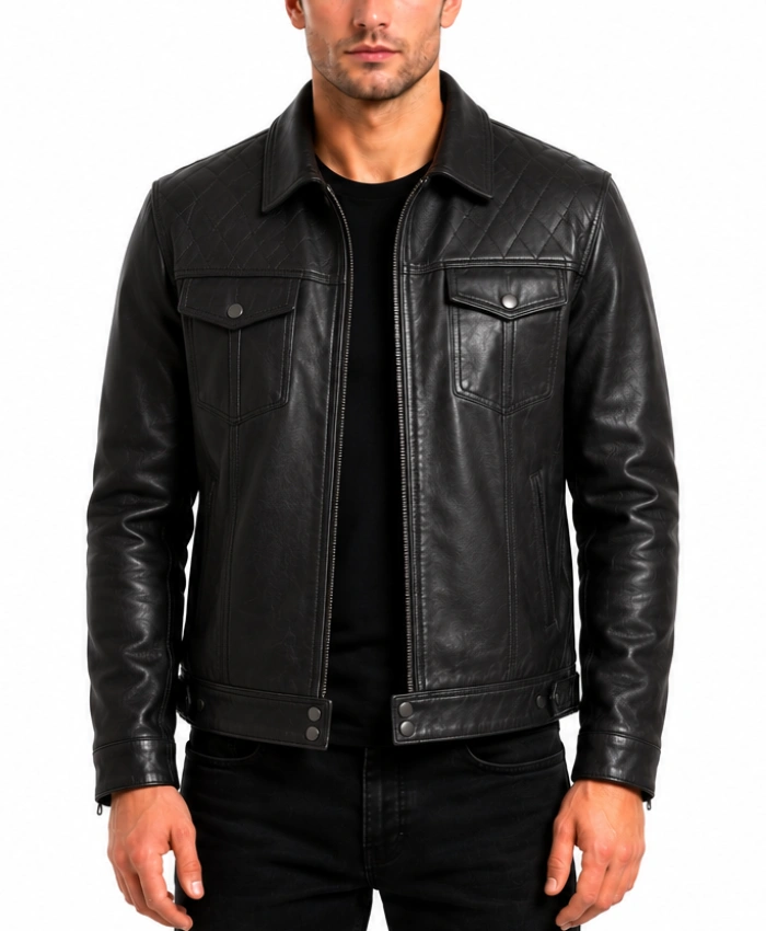 Mens Black Shirt Collar Trucker Leather Jacket