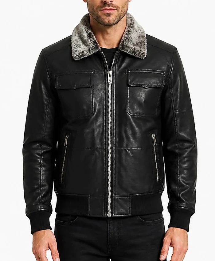 Mens Black Vintage Bomber Detachable Fur Collar Jacket
