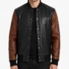 Black and Cognac Bomber Leather Jacket for Mens