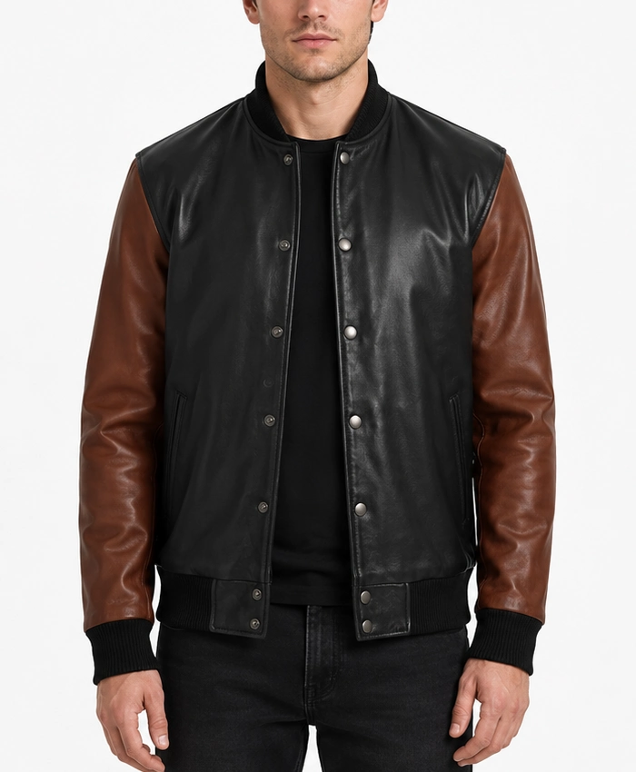 Black and Cognac Bomber Leather Jacket for Mens