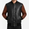 Mens Black and Cognac Leather Bomber Jacket