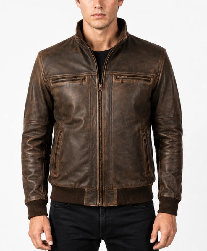 Mens Brown Motorcycle Distressed Jacket