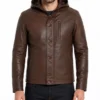 Mens Brown Leather Hooded Jacket