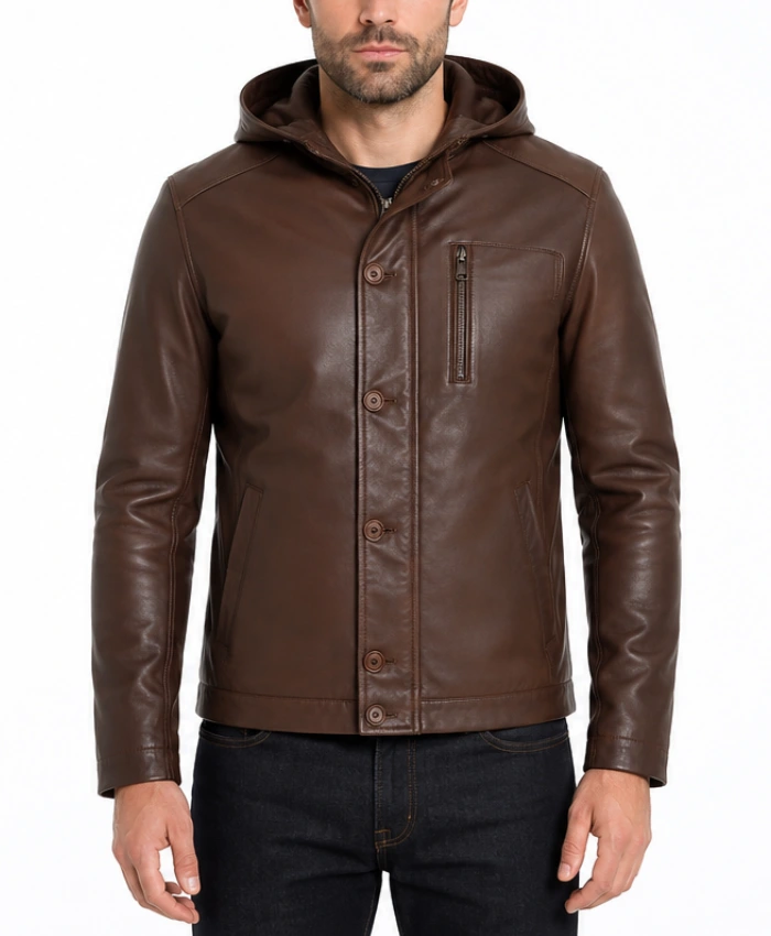 Mens Brown Leather Hooded Jacket