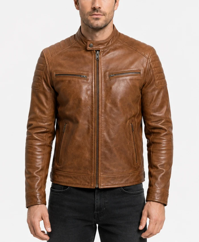 Brown Tan Cafe Racer Leather Jacket for Mens