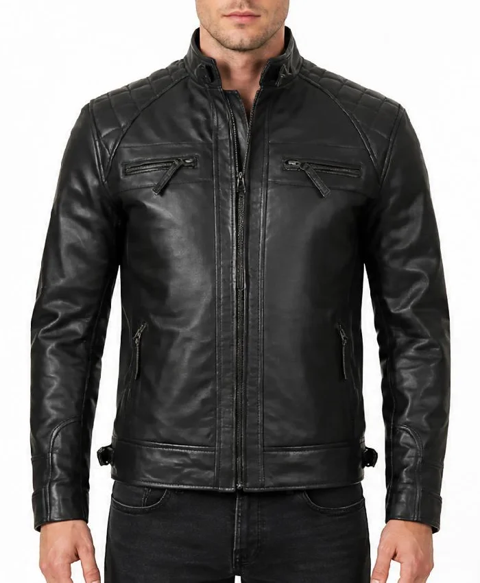 Mens Cafe Racer Quilted Black Leather Jacket