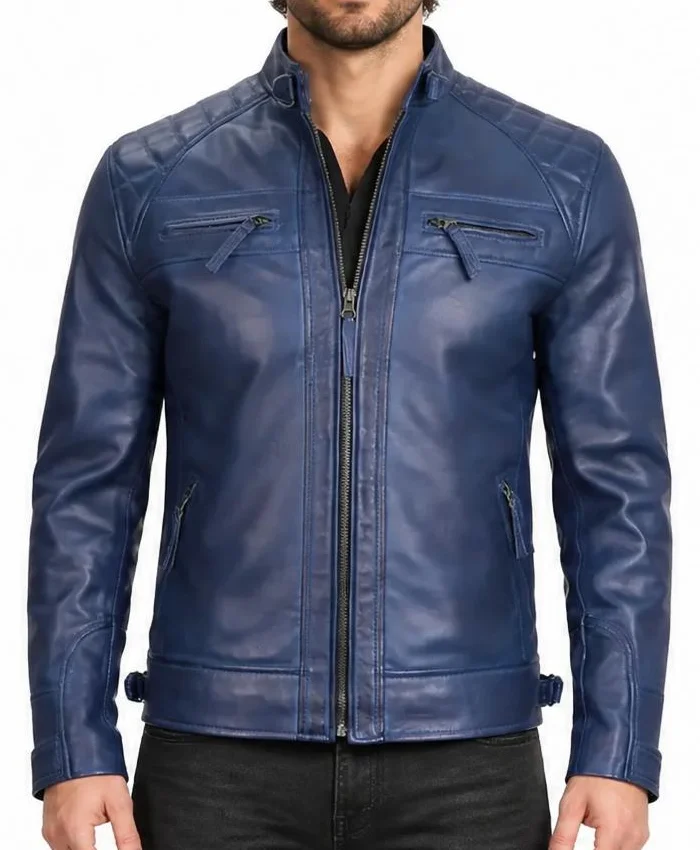 Men’s Cafe Racer Quilted Leather Blue Jacket