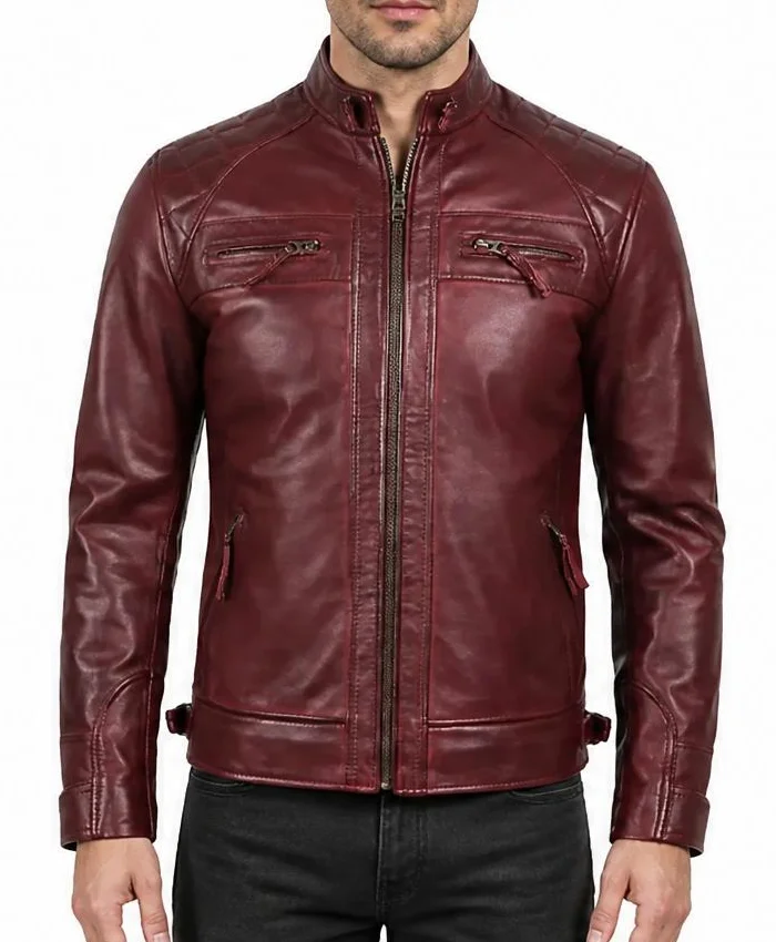 Mens Cafe Racer Quilted Leather Maroon Jacket