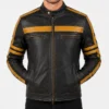 Mens Black Cafe Racer Yellow Stripes Distressed Leather Jacket for sale