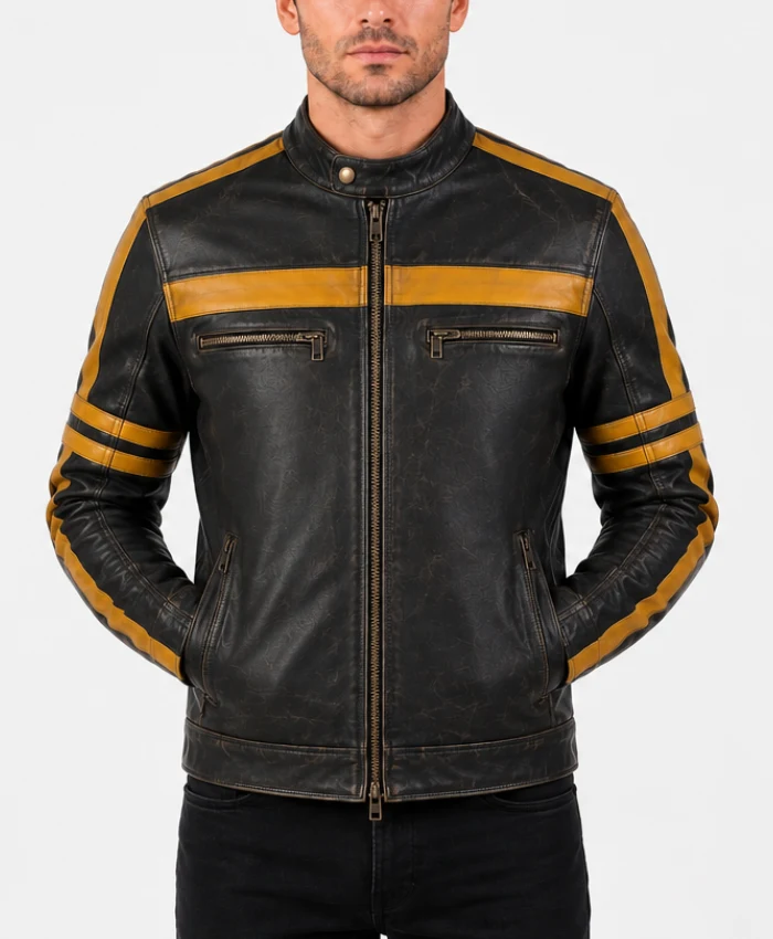 Mens Black Cafe Racer Yellow Stripes Distressed Leather Jacket for sale