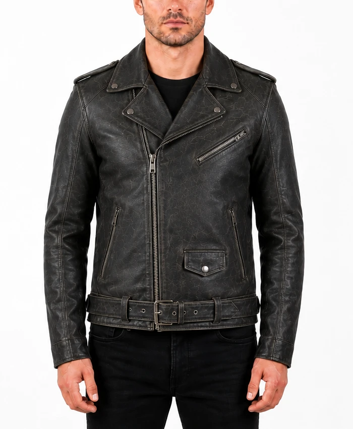 Distressed Black Belted Motorcycle Jacket for Mens