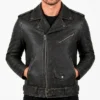 Distressed Black Belted Motorcycle Jacket for Men