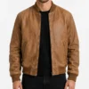 Mens Distressed Tan Leather Bomber Jacket