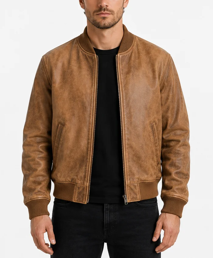 Mens Distressed Tan Leather Bomber Jacket
