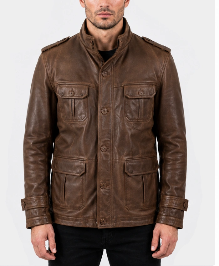 Four Pockets Vintage Brown Leather Jacket for Mens