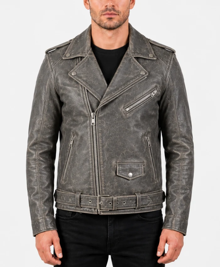 Grey Biker Distressed Leather jacket for Mens