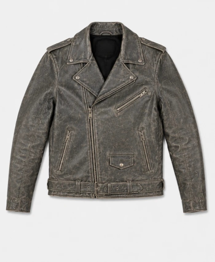 Mens Grey Biker Distressed Leather jacket