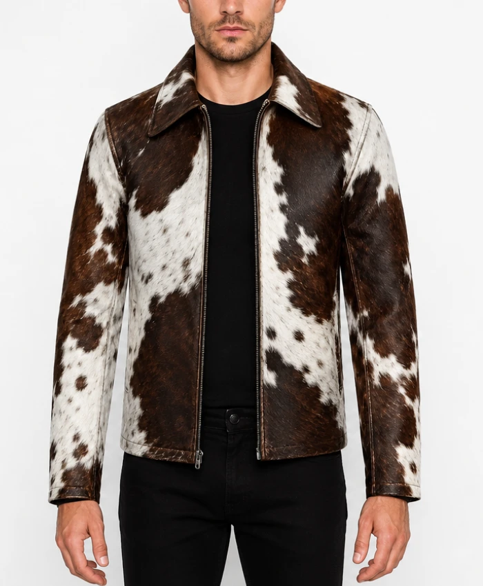 Mens Shirt Collar Cowhide Leather Jacket