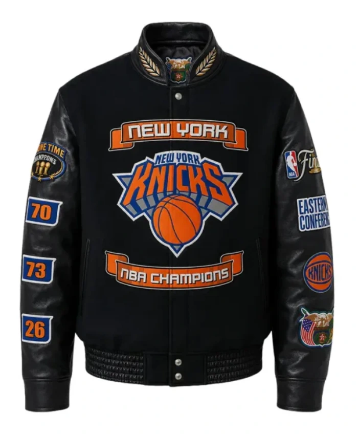 NBA Champions New York Knicks 2026 Black Wool and Leather Varsity Jacket