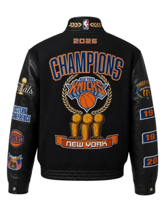 NBA Champions New York Knicks 2026 Black Wool and Leather Varsity Jacket