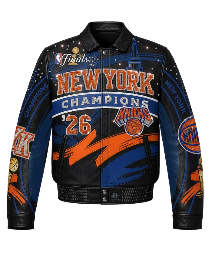 Limited-Edition NY Knicks JH Design 2026 Swarovski Crystal Leather Jacket