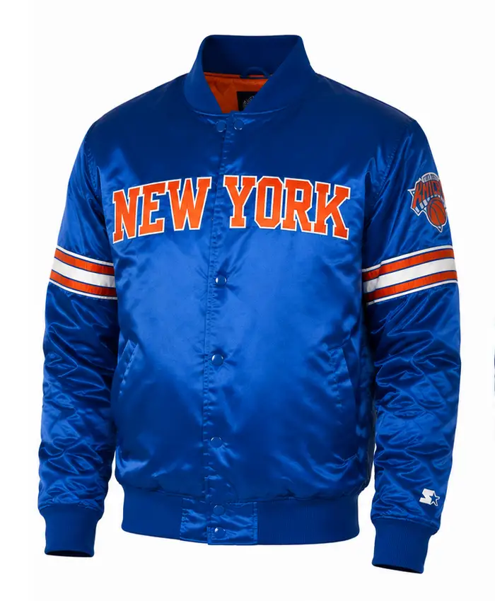 New York Knicks Striped Royal Blue Satin Jacket Front