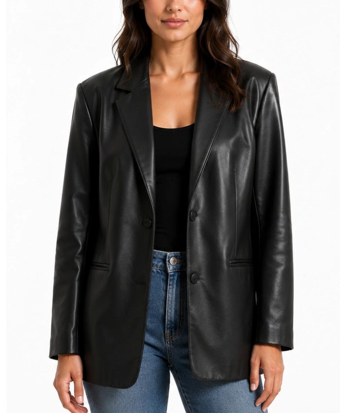 Black Oversized Leather Blazer for Women