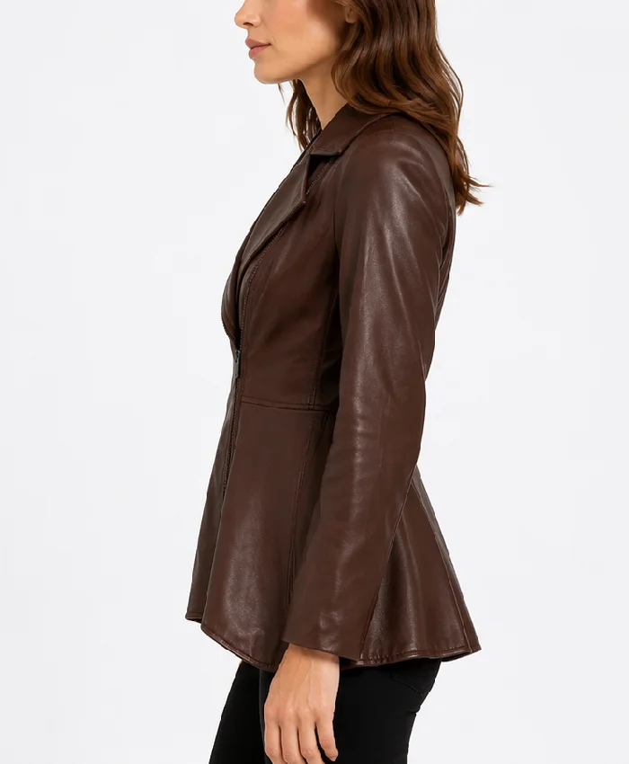 Real Leather Cognac Peplum Jacket For Womens