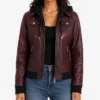 Real Leather Womens Bomber Burgundy Jacket with Removable Hood