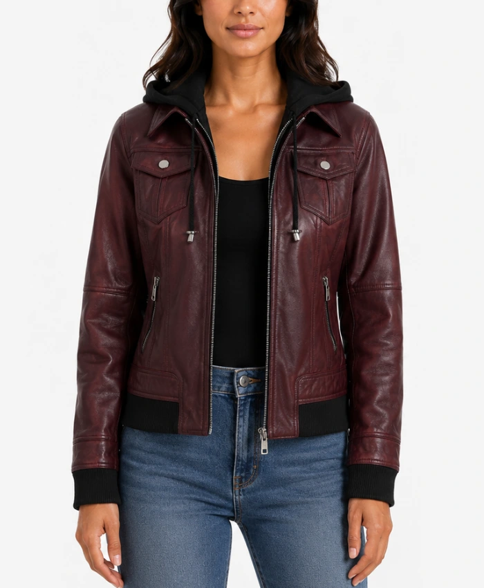 Real Leather Womens Bomber Burgundy Jacket with Removable Hood