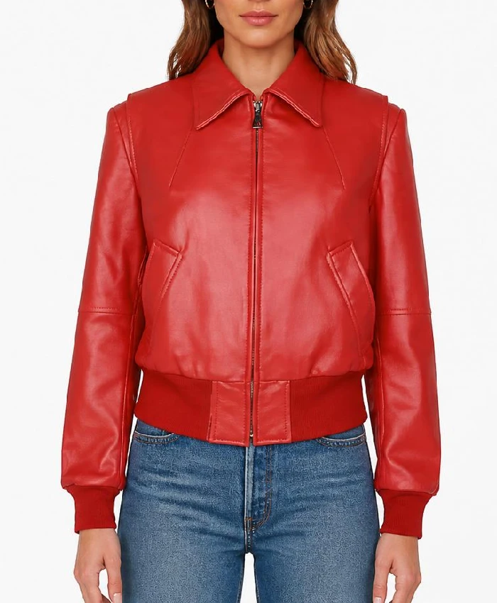 Red Leather Bomber Jacket Womens