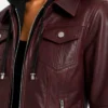 Womens Leather Burgundy Bomber Jacket with Removable Hood