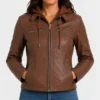 Women's Cognac Leather Jacket With Removable Hood in Brown