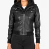 Roslyn Black Hooded Bomber Leather Jacket