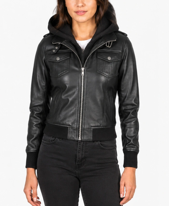 Roslyn Black Hooded Bomber Leather Jacket
