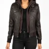 Roslyn Brown Hooded Bomber Leather Jacket