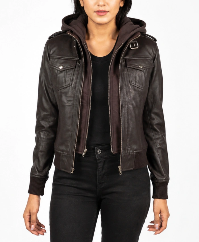 Roslyn Brown Hooded Bomber Leather Jacket